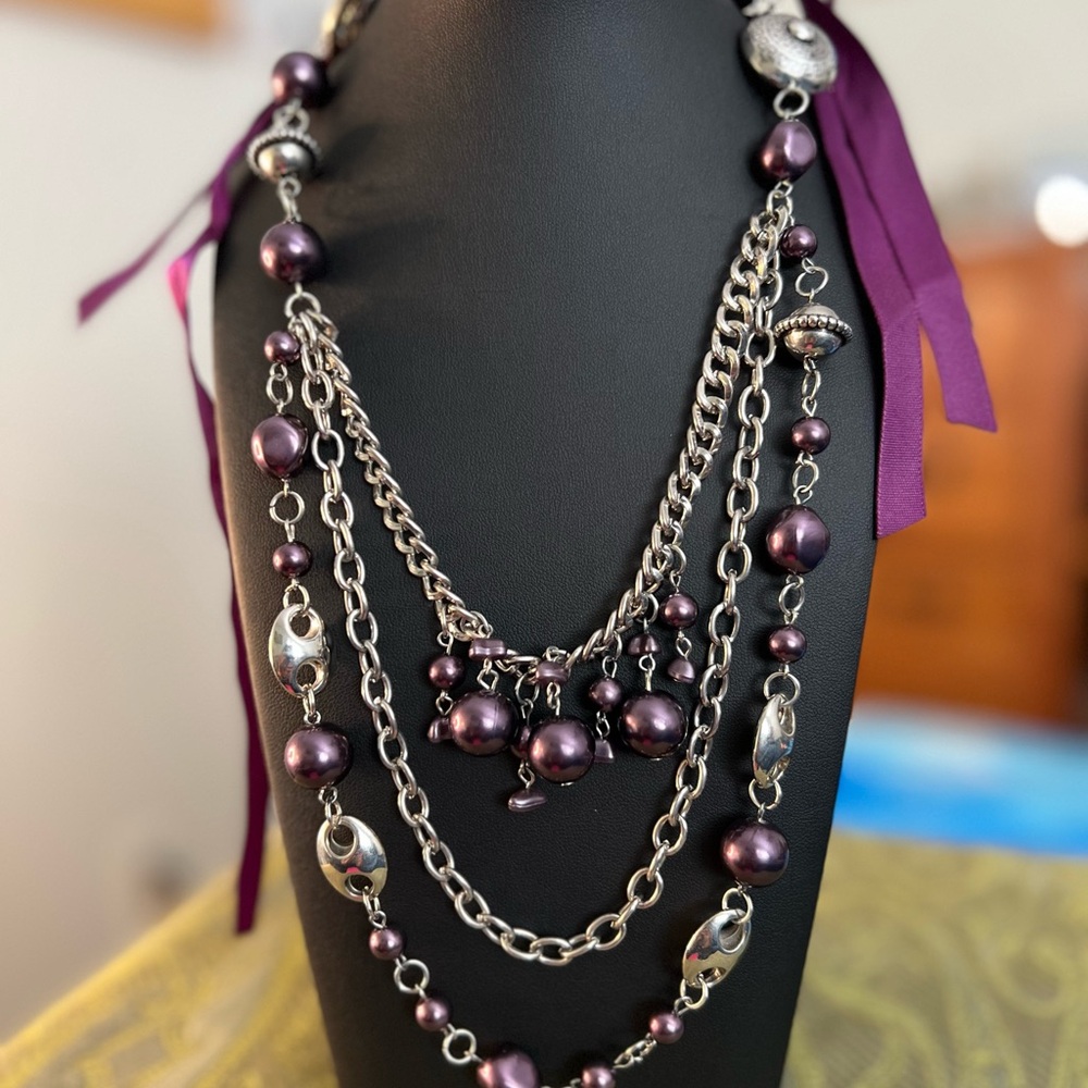 Chic Multi-Layered Purple Necklace with Silver Accents